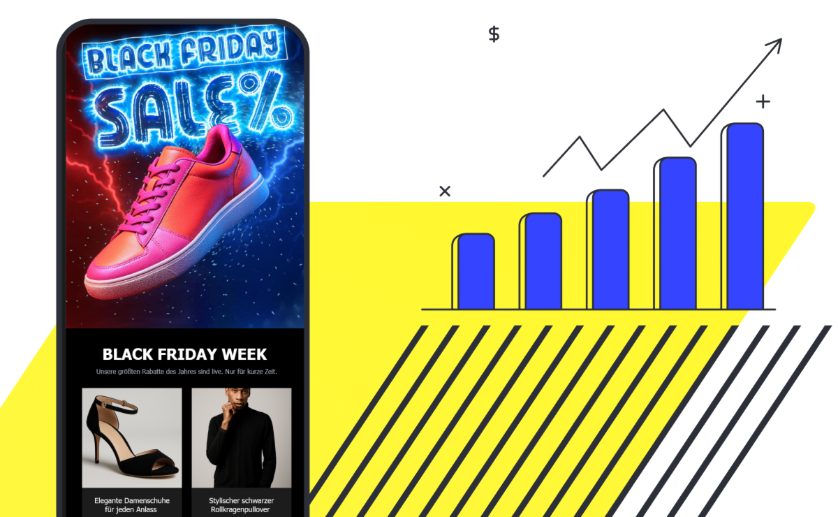 Smartphone-Anzeige mit neonem 'Black Friday SALE%' und rosa Sneaker, daneben aufsteigendes Balkendiagramm auf gelbem Grund