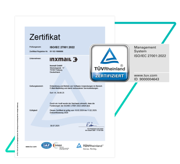 ISO/IEC 27001:2022-Zertifikat der Inxmail GmbH mit TÜV Rheinland-Logo