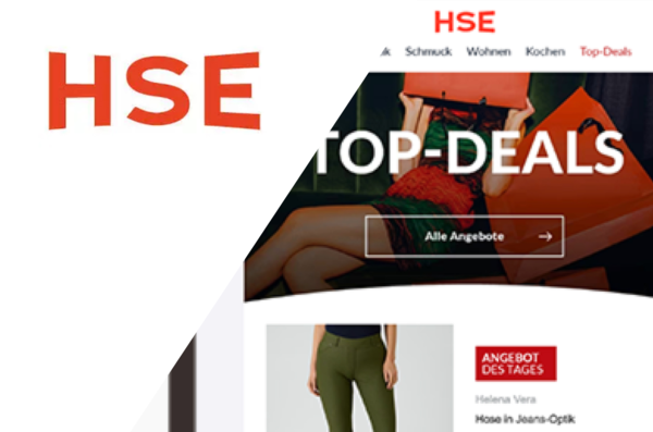 HSE-Logo neben einer Vorschau des Onlineshops mit Top-Deals und Produktangeboten.