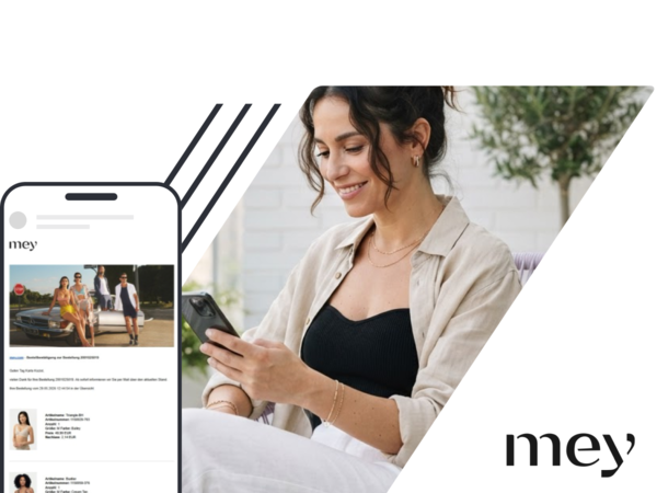 Frau sitzt draußen und schaut lächelnd auf ihr Smartphone, links mobiles E-Mail-Screenshot mit Logo 'mey'.