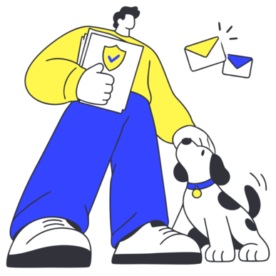 Illustrierte Person Hundewelpen und Versicherungsunterlagen als Symbol für die gezielte Ansprache von Kunden.