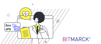 Person in white coat before screen with clipboard, heart speech bubble, card 'Ihre ePA' and BITMARCK logo