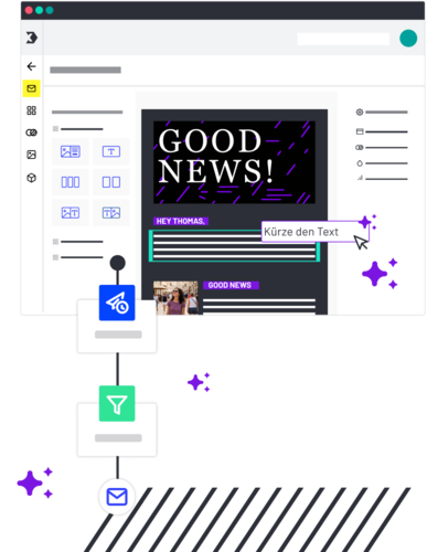 Newsletter-Editor-Oberfläche mit Vorschau, großer Headline 'GOOD NEWS!' und Tooltip 'Kürze den Text'.