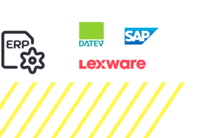 Graphic with an ERP icon and the logos of DATEV, SAP, and Lexware