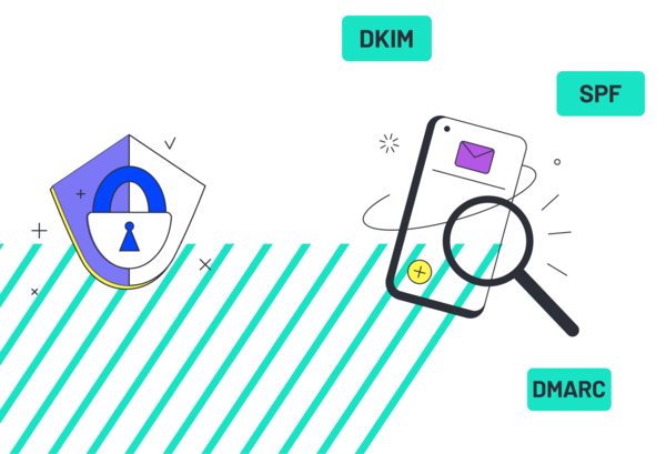 Illustration zur E-Mail-Authentifizierung mit Schloss, E-Mail und den Verfahren SPF, DKIM und DMARC.